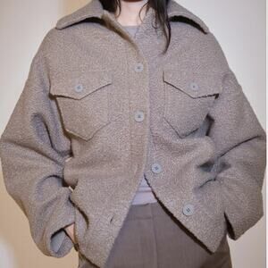 Mango Missouri Boucle Shacket Faux Shearling Collar Camel Tan S